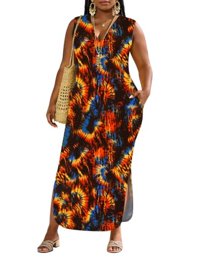 Image of UOUA Women Summer Maxi Dresses Plus Size Casual Hawaiian Sundress Sleeveless Loose Split Beach Dress with Pockets