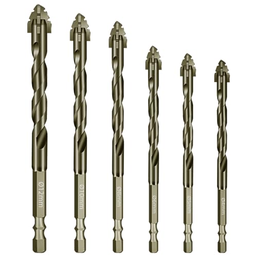 Brocas Metal Vástago Hexagonal Juego de Brocas 4 mm, 5 mm, 6 mm, 8 mm, 10 mm, 12 mm Set Brocas Accesorios Taladro para Azulejos, Cerámica, Vidrio, Hormigón, Ladrillo, Acero, Madera, 6 Piezas