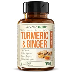 Tumeric and Ginger with Black Pepper – Natural Turmeric Curcumin Joint Support Supplement with Bioperine & 95% Curcuminoids. High Absorption Curcumin Supplements. Digestive & Immune Support. 60 Caps