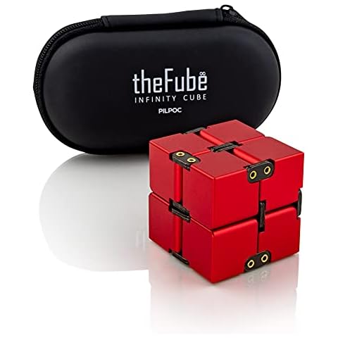 PILPOC theFube Infinity Cube Fidget Desk Toy - Premium Quality Aluminum Infinite Magic Cube with Exclusive Case, Sturdy, Heavy, Relieve Stress and Anxiety, for ADD, ADHD, OCD (Red) Cover