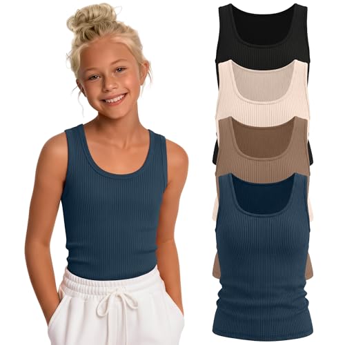 Oakgarden 4 Pack Girls Ribbed Tank Tops 5-14y U Neck Sleeveless Shirts Kids Elastic Slim Summer Camisole Athletic Basic Tees(Haze Blue Mocha Brown Cream Black 9-10 Years)