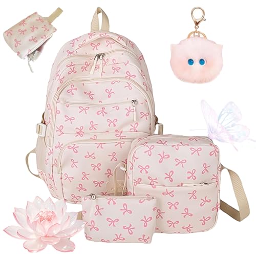 3Pcs Set Bow Backpack for Girls, Cute Pink Bow Backpack, College Style Large Capacity Nylon Bow Bookbag Set (Pink)