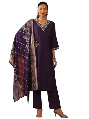 Image of Libas Purple yoke design Silk Blend Straight Kurta set for Women | daily wear suit