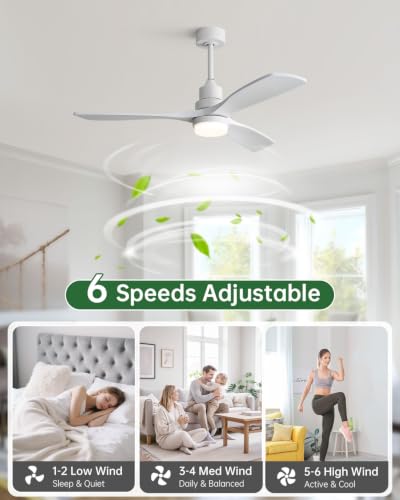 Image of Sofucor 52 Inch Wood Ceiling Fans with Lights and Remote, Modern, White | 3 Blade, Quiet Reversible DC Motor, 3CCT Dimmable, 6 Speed, Timer, Indoor /Covered Outdoor /Bedroom /Living Room /Patio /Kitchen