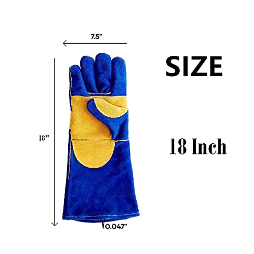 Image of Animal Handling Leather Gauntlet Gloves, Bite Proof Protection from Dog, Cat, Bird, Snake, Kevlar Stitch Gloves for Groomers, Pet Owners (Blue-Yellow, 18 inch, Pack of 1 Pair)
