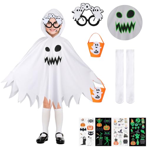 6 PCS Disfraz Fantasma Niño, Disfraz Halloween Niño Nina con Capa Blancas Tatuajes Temporales Luminosos Gafas Bolsa Calabaza Medias Blancas, Disfraces de Fantasma Halloween Carnaval Fiesta Cosplay