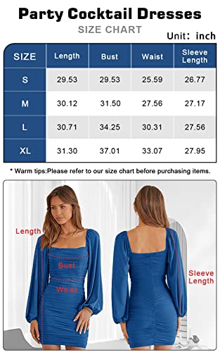 Mascomoda Women Elegant Square Neck Lantern Long Sleeve Mini Ruched Bodycon Dress Stretch Mesh Slim Party Cocktail Dresses(Medium,Blue) #TOP5