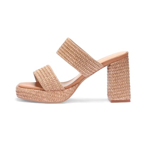 Monrovia Raffia Sandals for Women Brown Heeled Sandals - Slip On Square Open Toe Chunky Platform Heel Double Strap Vacation Summer Beach Shoes 8