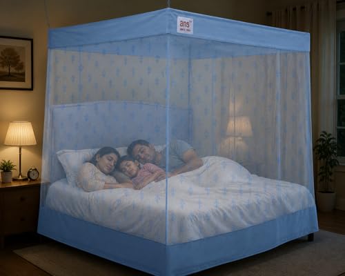 Image of ANS Mosquito Net for Double Bed | 6.5 x 8 Ft Large Size | Floral Mesh with Cotton Top & Bottom Border | Hanging Type Net with Free Air Flow | Sky Blue
