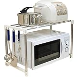 BAOYOUNI Soporte Extensible para Microondas de Metal Estantería de Cocina con 6 Ganchos Multifuncional Estante de Almacenamiento Organizador para Armarios de Cocina, (50-78) x 30 x 40cm