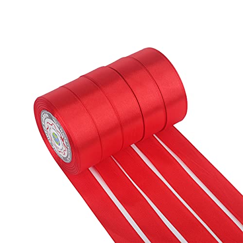 5 Rolls x 22 Meters x 2.5cm Wide - Single Sided Satin Red Ribbon Rolls 25mm Width, Used for Weddings, Christmas Presents and Cakes by Avos-Deals-Global (Red)