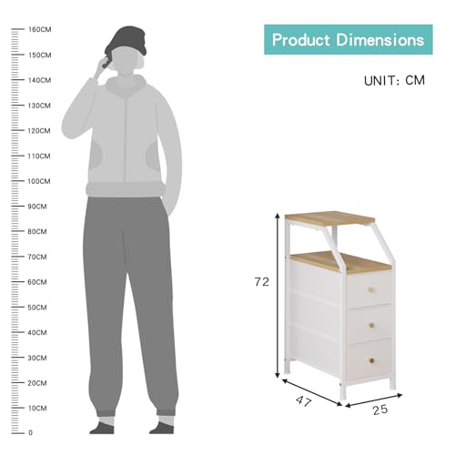 Image of Amazon Brand - Umi Bedside Table with 3 Fabric Chest of Drawers Organizer & Storage Shelf, Sofa Side Table, End Table, Corner Table, Night Lamp Table, Nightstand for Bedroom Living Room (25x47x72cm)