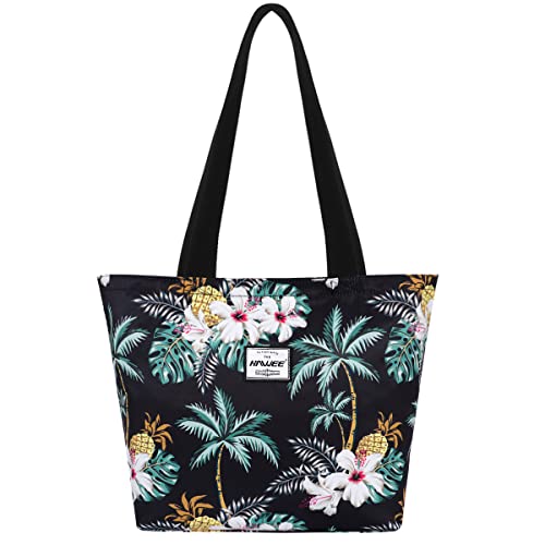 HAWEE Tote Bag with Zipper for Women Inside Mesh Pocket Heavy Duty Casual Anti-water Cloth Travel Shoulder Handbag, Coconut Palm