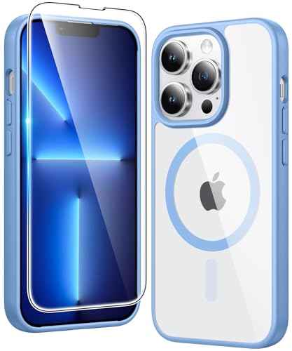 Image of FNTCASE for iPhone 13 Pro Case: Clear Magnetic Phone Cases with Screen Protector Compatible with Magsafe Slim Anti Yellowing Rugged Protective Transparent Cell Phone Cover (B-Sierra Blue)