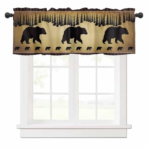 Anzona Curtain Valance 54" x 18", Black Bear Forest Silhouettes Window Valances Rod Pocket Curtains Drapes, Vintage Farm Backdrop Short Topper Curtain for Kitchen Cafe Living Room, 1 Panel