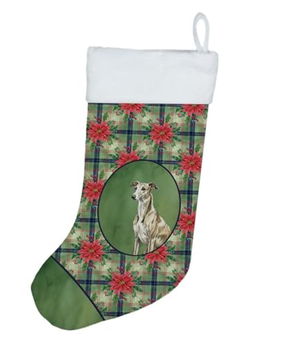 Caroline's Treasures Brindle Whippet Christmas Poinsettas Holiday Stocking Double-Sided Print, Polyester Suede,11x18, Made in USA