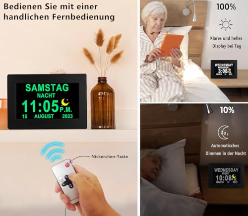 Véfaîî Upgraded, Elektronischer Tag Datum Wecker, 20 Benutzerdefinierte Erinnerungen, 10 Stufen Dimmer, Nicht Abgekürztes Tagesdatum Große Uhr für Senioren - 7 Zoll mit Fernbedienung