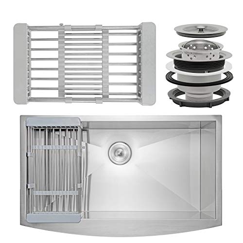 Firebird Apron Farmhouse Handmade Stainless Steel Single Bowl Kitchen Sink w/Drain Strainer Kit Adjustable Tray (33 Inch x 20 Inch)
