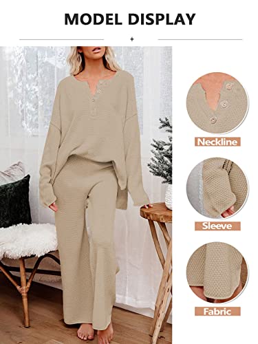 Uusollecy Women 2 Piece Sweater Outfit Set Long Sleeve Pullover Knit Lounge Set Knit Wide Leg Pants Tacksuit Loungewear Khaki M #TOP5