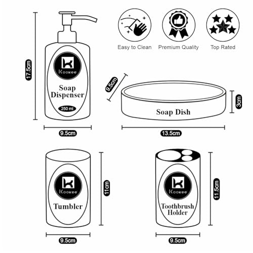 Image of Kookee Acrylic Bathroom Set - Stylish 4 Piece Bath Accessories Kit with Soap Dispenser, Toothbrush Holder, Tumbler & Soap Dish - Modern & Designer Decor for Home & Guest Bathrooms (10050)