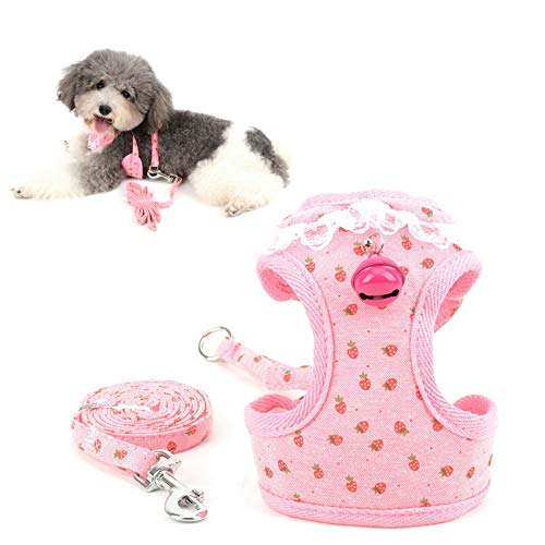 Lace Trim Collar Bell Girls Small Dog Vest Harness and Leash Set for Walking Escape Proof Kitten Cat Harness No Pull Soft Mesh Padded Adjustble Puppy Summer Clothes,Pink Strawberry,Small