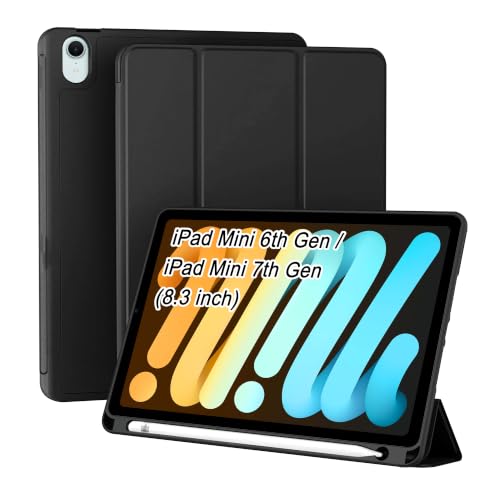 Image of CEDO Smart Case for iPad mini 6 (6th Gen) / iPad mini 7 (7th Gen) 8.3 in Tri-Fold Flip Folio Cover | Pencil Holder | Auto Wake-Up /Sleep Mode | Multi View Angles Stand TPU Backcover (Black)