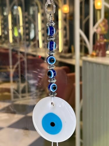 Image of BLUE BEADS Turkish Feng Shui Vastu Blue Glass Evil Eye Hanging /Door Hanging Nazar Batu for Protection and Good Luck - Perfect for Gifting Home or Office (White Evil Eye)