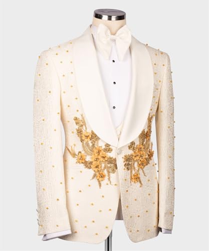 Men's Gold 3D Flower Applique Beaded Tuxedo Slim Fit Shawl Lapel Single Breasted Blazer for Dinner Prom Wedding3