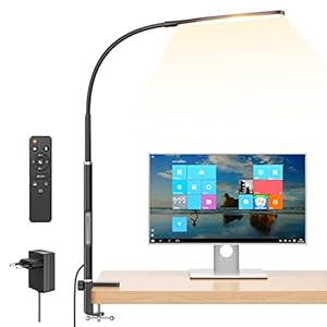Lámpara de Escritorio LED con Pinza, Lámpara de Escritorio de Arquitecto de Regulación Continua con Brazo Giratorio, Mando a Distancia, 4 Temperaturas de Color, Luz de Trabajo