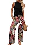 WIHOLL Two Piece Set for Women Summer Spring Outfits Cruise Travel Airport Beach Vacation Clothes Hawaiian Trendy Lounge Sets Mock Neck Matching Women Clothing Wide Leg Pants Set S