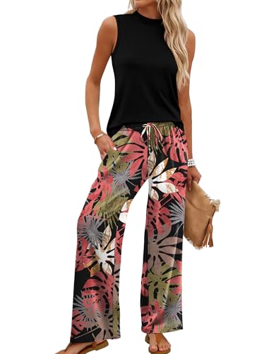 WIHOLL Two Piece Set for Women Summer Spring Outfits Cruise Travel Airport Beach Vacation Clothes Hawaiian Trendy Lounge Sets Mock Neck Matching Women Clothing Wide Leg Pants Set M