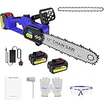 12" Brushless Electric Cordless Chainsaw Power Saw Wood Cutter 2 Battery&Charger, 2x4000MAH Rechargeable Battery, Auto-Tension and Anti-Vibration