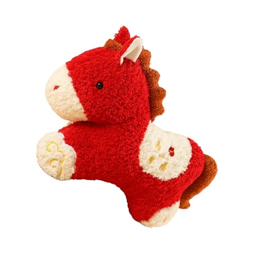 Peluche cheval pour salon et bureau : grande mascotte rouge de 51 cm sur table