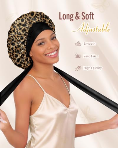 Image of BONNET QUEEN Silk Bonnet for Sleeping Women Satin Bonnet Night Sleep Cap Hair Wrap for All Hair with Adjustable Tie Band,Small MediumLeopard
