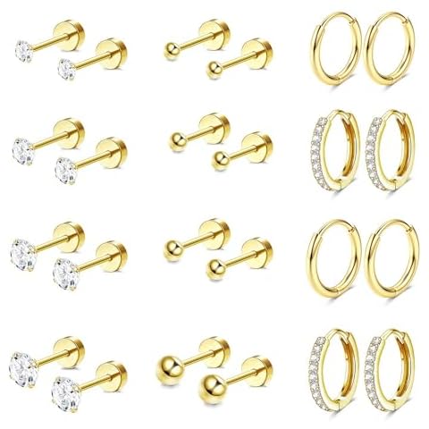 Jstyle Hypoallergenic Surgical Steel Earrings for Sensitive Ears 14K Gold Flat Back Earrings for Women Men Small Stainless Steel Earrings Flatback Stud Hoop Cartilage Earring Set for Multiple Gold A Cover