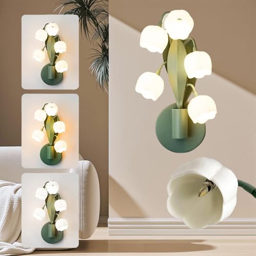 Image of Flower Wall Sconce Light 5 Lily of The Valley Lights Flower Wall Light Fixture with 3 Color, Floral Wall Sconces Lily Bedside Wall Lamps with G4 Led Bulbs for Bedroom, Living Room (Green)