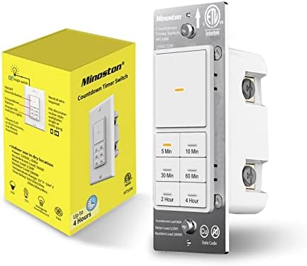 Minoston 4 Hour Timer Switch, 5-10-30-60 Min, 2-4 Hour Countdown Timer Switch for Bathroom Fans, Heaters, Lights, Neutral Wire Required, ETL & FCC Listed(MT10N)