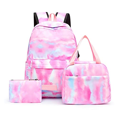 Juegos de mochila escolar para niñas, 3 unidades, colorida, ligera, teñido anudado, mochila escolar de gran capacidad, con bolsa de almuerzo y cartera para niñas y adolescentes, f Cover