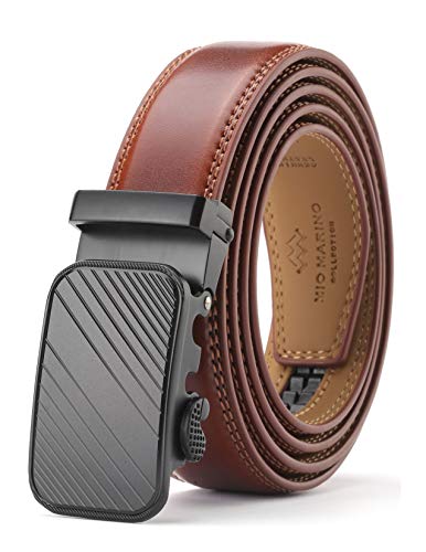 Marino Men’s Genuine Leather Ratchet Dress Belt With Automatic Buckle, Enclosed in an Elegant Gift Box - Modern Striped - Burnt Umber - Adjustable from 38