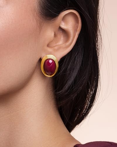 Gold Maroon Red Carnelian Round Oval Ribbed Button Chunky Statement Earrings for Women by SNGIA, Bold Handmade Exaggerated Dome Retro Rounded Button Trendy Bohemian Gemstone Stud Jewelry Gifts, Unique Vintage Baroque Stone Summer Beach Fashion Earrings Accessories, Thick Circular Nickle Free Huggies Earrings.4
