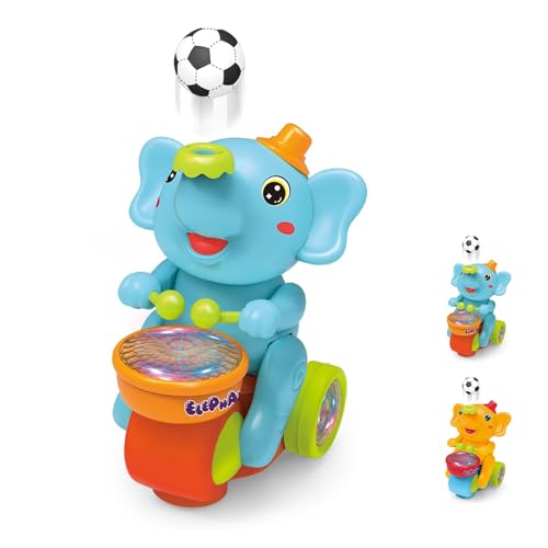 LexTex Éléphant Musicien Batteur, Jouet À Balle Soufflante avec Lumières Et Sons, Tambour Électrique À Balle Roulante, Bébé Éléphant Batteur De Football, Jouets Sensoriels À Balles Flottantes(Blue)