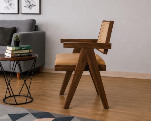 Image of Solid Wood Arm Chair with Cushion and Cane Back Support Chair Living Room Bedroom Home Wooden Armchair Furniture Garden Balcony Outdoor & Indoor (Honey Finish Set of 2)