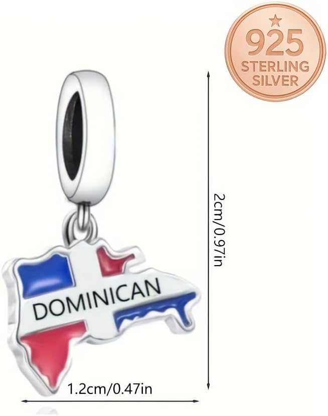 925 Sterling Silver Dominican Republic Map Charm with Flag Enamel and DOMINICAN Text, Fits Necklaces and Bracelets, Gift for Men Women