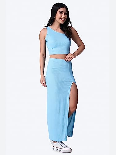 Image of POPWINGS Casual Solid Top and Skirt Co-Ord Set for Women | Stylish Western Co-Ord Set for Women | Crop Top and Long Slit Skirt Set for Women