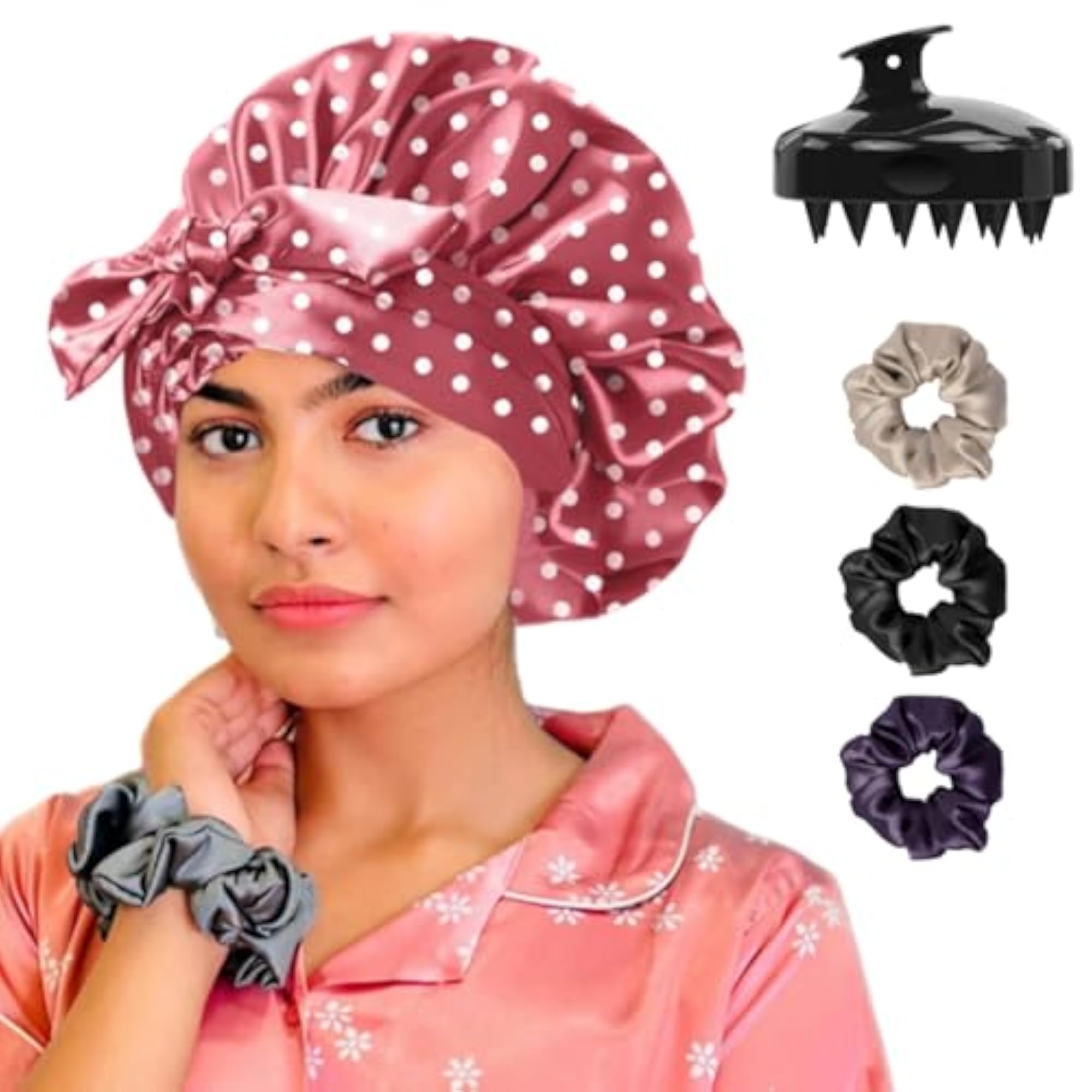 Printed Silk Satin Hair Bonnet Reversible Sleep Cap with Adjustable Tie