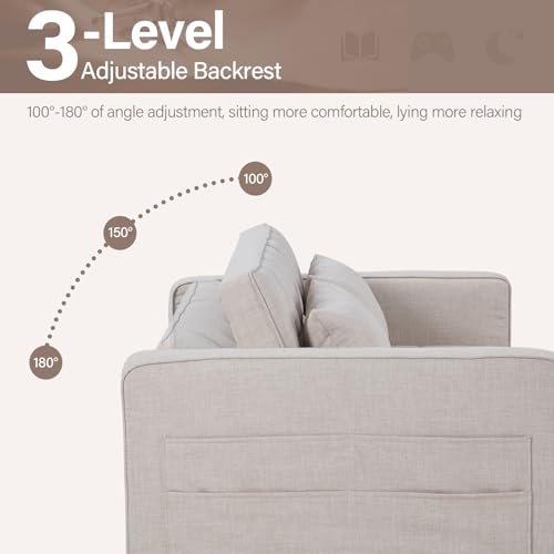 Image of HAOMARKETS 3 in 1 Convertible Sleeper Sofa Bed, Loveseat Chaise Lounge with Pullout Bed, 2-Seater Futon Couches with Storage Pockets, 3-Level Adjustable Backrest and Pillows for Living Room, White