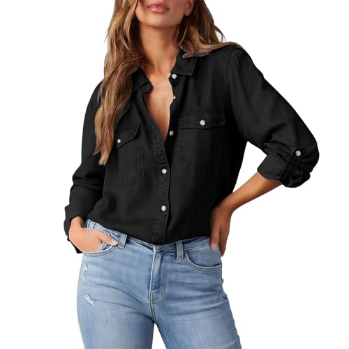 Chemise en jean boutonnée pour femme - Col en V - Col en V - Style western - Avec poches pratiques pour un usage quotidien, 1A-Noir, XL