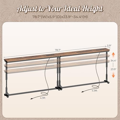 Huuger 78.7 Inch Height Adjustable Behind Couch Table with Power Outlets, 23.9’’-34.4’’ Range, Sofa Tables Narrow Long with USB-C Ports, Skinny Console Table, for Small Spaces, Rustic Brown