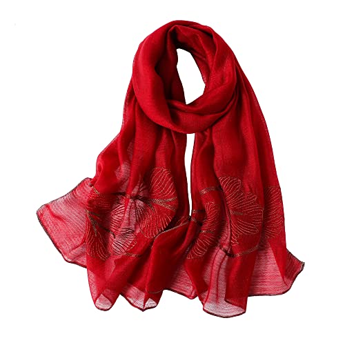 WINCESS.YU Women's Pashmina Lightweight Leaf Embroidery Silk Fashion Scarf (Red, One size)