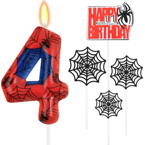 HOTUT Candele Compleanno 4 Anni,Candeline Ragno,Set di Candele per Torta,Candela di Compleanno a Tema Ragno,Decorazioni per Torte di Compleanno per Ragazzi e Ragazze